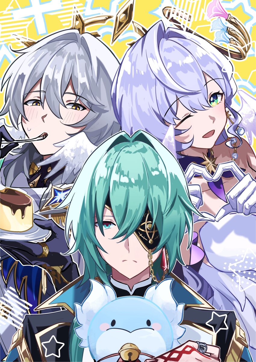 1girl 2boys absurdres anaxa_(honkai:_star_rail) black_gloves blue_eyes blue_hair brother_and_sister dromas_(honkai:_star_rail) eyepatch food four-finger_heart_hands gloves green_eyes green_hair halo hashtag-only_commentary head_wings heart heart_hands highres holding holding_spoon honkai:_star_rail honkai_(series) long_hair medium_hair multiple_boys pudding robin_(honkai:_star_rail) ryokukablog siblings spoon sunday_(honkai:_star_rail) utensil_in_mouth white_gloves wings yellow_eyes