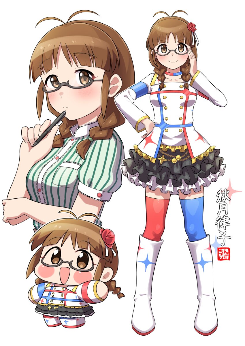 1girl absurdres akizuki_ritsuko antenna_hair black_skirt blue_choker blue_thighhighs blunt_bangs blush blush_stickers boots braid chain character_name chibi chibi_inset choker closed_mouth eyelashes flower frilled_skirt frills full_body glasses gold_trim green_shirt hair_flower hair_ornament highres holding holding_pen idolmaster idolmaster_(classic) idolmaster_million_live! idolmaster_million_live!_theater_days lace-trimmed_collar lace_trim long_sleeves looking_at_viewer low_twin_braids medium_hair mismatched_thighhighs multicolored_choker multiple_views ngetyan no_sclera official_alternate_costume open_mouth pen popped_collar puffy_short_sleeves puffy_sleeves red_choker red_thighhighs semi-rimless_eyewear shirt short_sleeves signature skirt solo sparkle sparkle_print starpiece_memories_(idolmaster) thighhighs twin_braids upper_body white_background white_boots