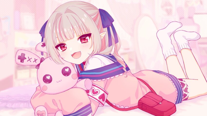 1girl armband bag belt_collar blue_ribbon blue_sailor_collar blunt_bangs blurry blurry_background blush collar colored_inner_hair debitto_(makaino_ririmu) drill_hair fangs from_side full_body grey_hair hair_intakes hair_over_shoulder hair_ribbon handbag heart highres hugging_doll hugging_object jacket leg_tattoo long_hair looking_at_viewer loose_socks lying makaino_ririmu makaino_ririmu_(4th_costume) multicolored_hair nijisanji off_shoulder on_stomach open_clothes open_jacket open_mouth pink_hair pink_jacket pink_streaks pointy_ears polka_dot polka_dot_background pzmnb red_bag red_collar red_eyes ribbon sailor_collar school_uniform serafuku shirt shoulder_bag sidelocks sleeves_past_fingers sleeves_past_wrists smile socks solo streaked_hair stuffed_animal stuffed_rabbit stuffed_toy tattoo the_pose two-tone_hair two_side_up virtual_youtuber white_shirt white_socks winged_heart winged_heart_tattoo