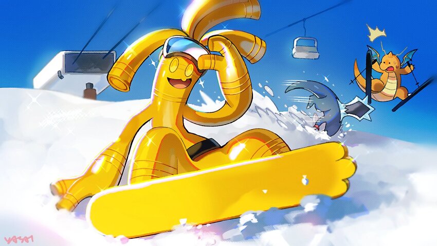 3others adjusting_eyewear antennae arm_support arm_up baxcalibur belt black_belt blue_skin blue_sky claws colored_skin commentary dragon dragon_wings dragonite falling gen_1_pokemon gholdengo goggles goggles_on_head gold_skin hand_on_ground holding_ski_pole metal_skin multiple_others nintendo no_pupils notice_lines open_mouth orange_skin outstretched_arms playing_sports pokemon pokemon_(creature) signature ski_lift ski_pole skier skiing skis sky snow snowboard snowboarding sparkle spikes surprised sweatdrop tongue wings winter yasaikakiage yellow_eyes