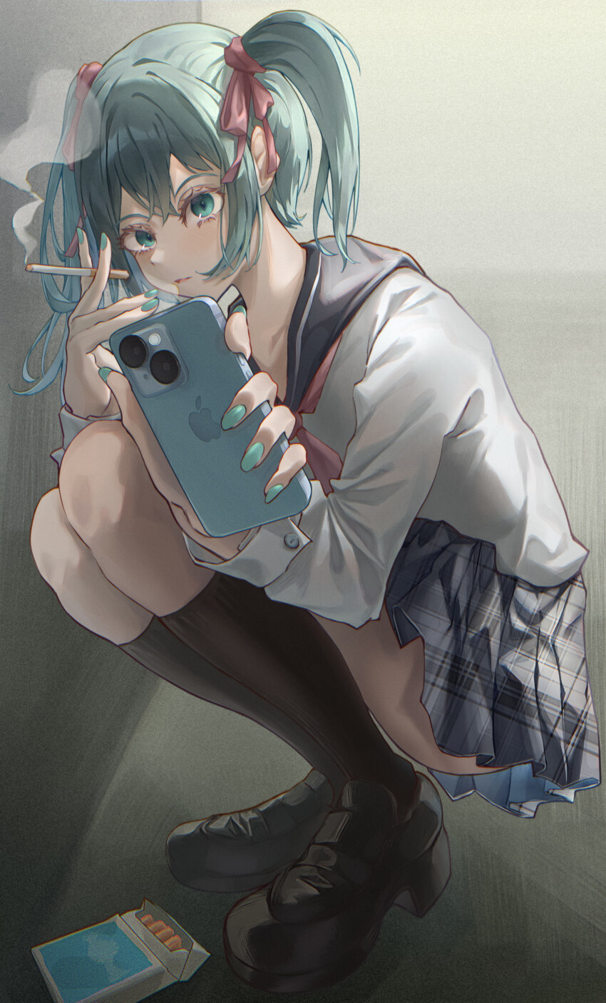 1girl absurdres apple_inc. apple_logo aqua_eyes aqua_hair aqua_nails black_shoes black_socks cellphone cigarette cigarette_pack hatsune_miku highres holding holding_cigarette keu_(mkiekuu) kneehighs loafers miniskirt phone plaid_clothes plaid_skirt pleated_skirt sailor_collar school_uniform serafuku shirt shoes skirt smartphone socks solo twintails vocaloid white_shirt