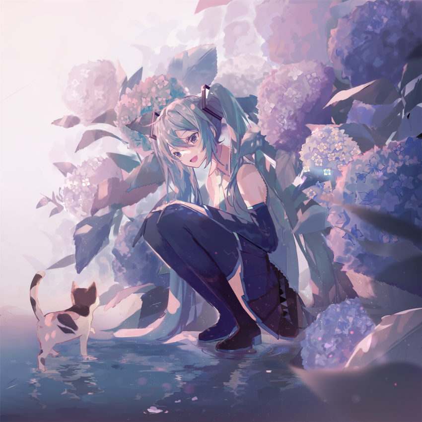 1girl aqua_eyes aqua_hair aqua_necktie bare_shoulders belt black_skirt black_sleeves black_thighhighs cat commentary detached_sleeves female_focus flower full_body grey_shirt hair_ornament hands_on_own_knees hatsune_miku highres hydrangea long_hair looking_at_another mamenomoto necktie open_mouth outdoors plant puddle reflection ripples shirt skirt sleeveless sleeveless_shirt smile solo squatting thighhighs twintails very_long_hair vocaloid