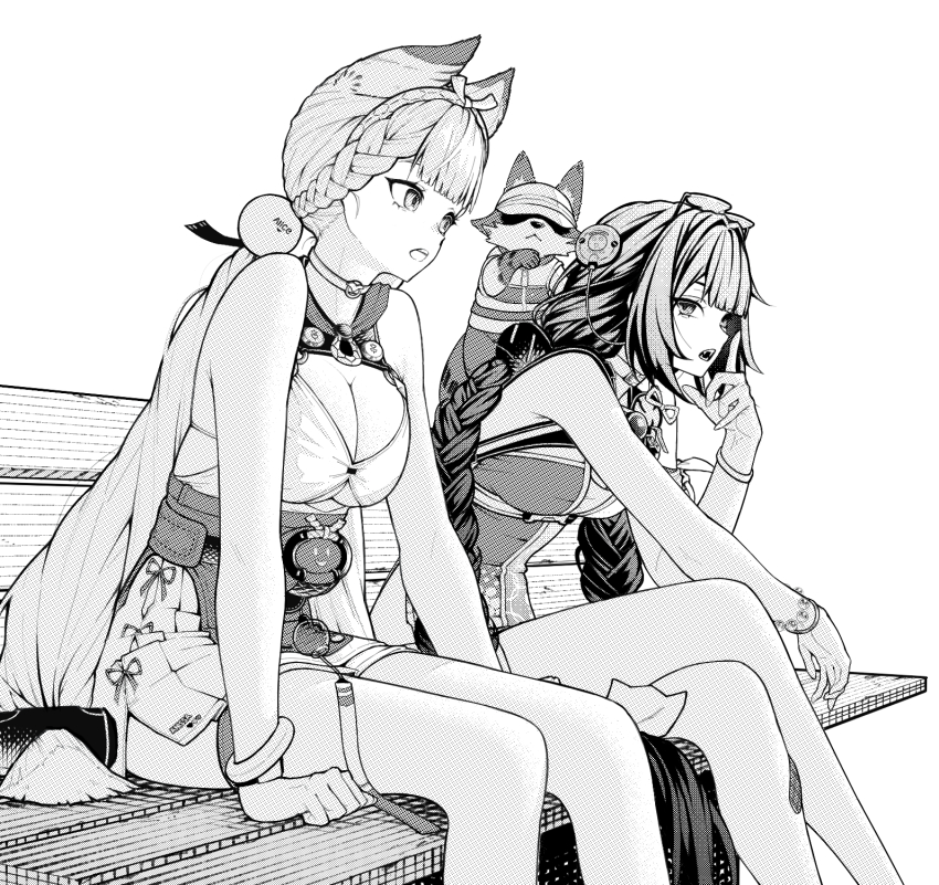 2girls alice_thymefield alice_thymefield_(sea_of_thyme) animal_ears animal_on_back anissa047 bare_shoulders belt bracelet braid braided_twintails breasts camera camera_around_neck cleavage commentary cowboy_shot crossed_legs english_commentary eyewear_on_head greyscale hair_ornament hairband hearing_aid highres index_finger_raised jewelry kamanosuke_(zenless_zone_zero) large_breasts looking_at_another low_twintails medium_breasts monochrome multiple_girls official_alternate_costume on_bench one-piece_swimsuit open_mouth rabbit_ears rabbit_girl raccoon simple_background sitting sphere_hair_ornament swimsuit tanuki twintails ukinami_yuzuha ukinami_yuzuha_(tanuki_in_broad_daylight) white_background white_hairband zenless_zone_zero