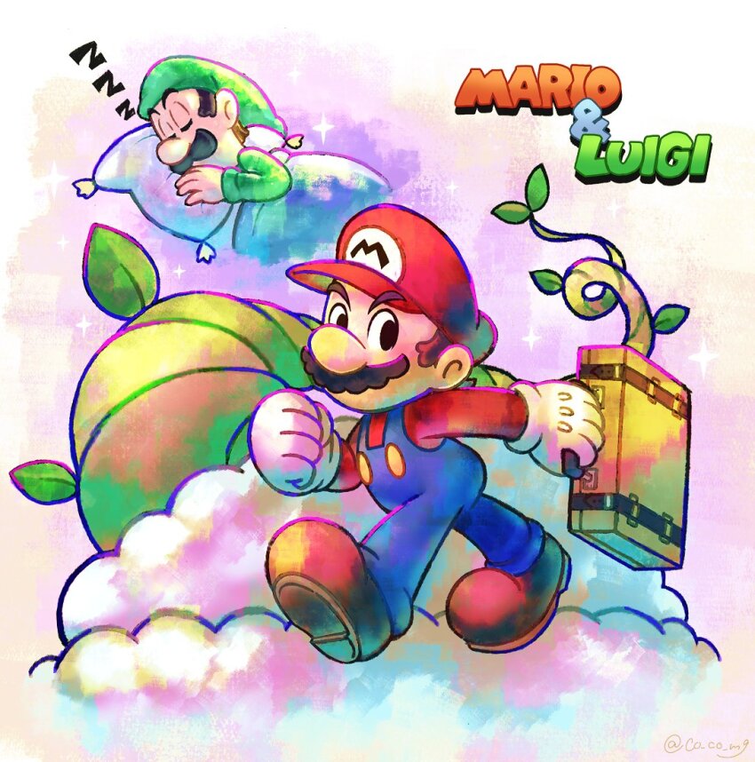 2boys bean_stalk blue_overalls boots brothers brown_footwear cloud co_co_mg english_text facial_hair gloves green_headwear green_shirt hat luigi male_focus mario mario_&amp;_luigi:_dream_team mario_&amp;_luigi:_superstar_saga mario_&amp;_luigi_rpg mario_(series) multiple_boys mustache nintendo overalls pillow red_headwear red_shirt shirt siblings sleeping sound_effects suitcase white_gloves