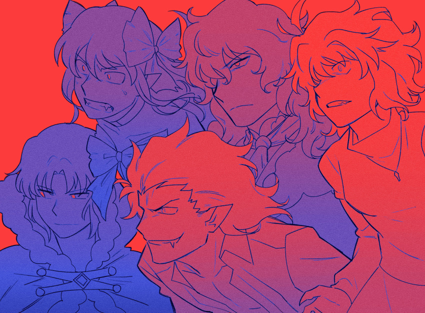 2boys 3girls ahoge angry arcueid_brunestud ascot bow cape ciel_(tsukihime) coat collared_shirt crazy_eyes crazy_smile dark_persona dead_apostle_noel_(tsukihime) expressionless fangs fingernails fur-trimmed_cape fur_trim hair_bow hair_slicked_back highres jewelry long_hair michael_roa_valdamjong monochrome multiple_boys multiple_girls necklace noel_(tsukihime) open_clothes open_shirt red_arcueid red_eyes roa-ciel sharp_fingernails shirt short_hair smile sweatdrop sweater tsukihime tsukihime_(remake) turtleneck turtleneck_sweater type-moon vampire vincent-san vlov_arkhangel
