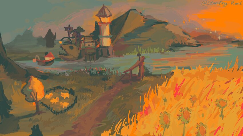 anglerfish building commentary english_commentary fish flower grass hermitcraft highres in-universe_location lighthouse minecraft_youtube mountain nature no_humans outdoors painterly scenery sky standing_rant sunflower tree water