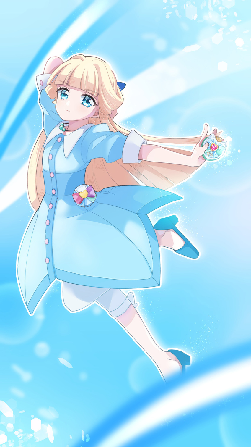 1girl arm_behind_head blonde_hair blue_background blue_bow blue_dress blue_eyes blue_footwear blunt_bangs blunt_ends bow capri_pants closed_mouth collared_dress commentary dress floating frown hair_bow half_updo henshin high_heels highres holding jewelry leg_up light_trail long_hair looking_at_viewer ma_i_ika necklace nekoyashiki_yuki no_socks pants pants_under_dress pearl_necklace precure shiny_cats_pact short_dress solo straight_hair white_pants wonderful_precure!