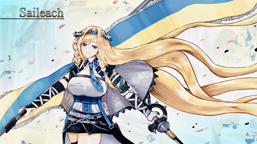 1girl abstract absurdres arknights arm_strap black_gloves black_skirt blonde_hair blue_eyes blue_hairband blue_necktie braid breasts character_name cowboy_shot elbow_gloves gloves hairband highres holding holding_sword holding_weapon horns large_breasts long_hair looking_at_viewer miniskirt necktie pointy_ears saileach_(arknights) shirt skirt smile solo standing sword tukaima twin_braids very_long_hair weapon white_shirt