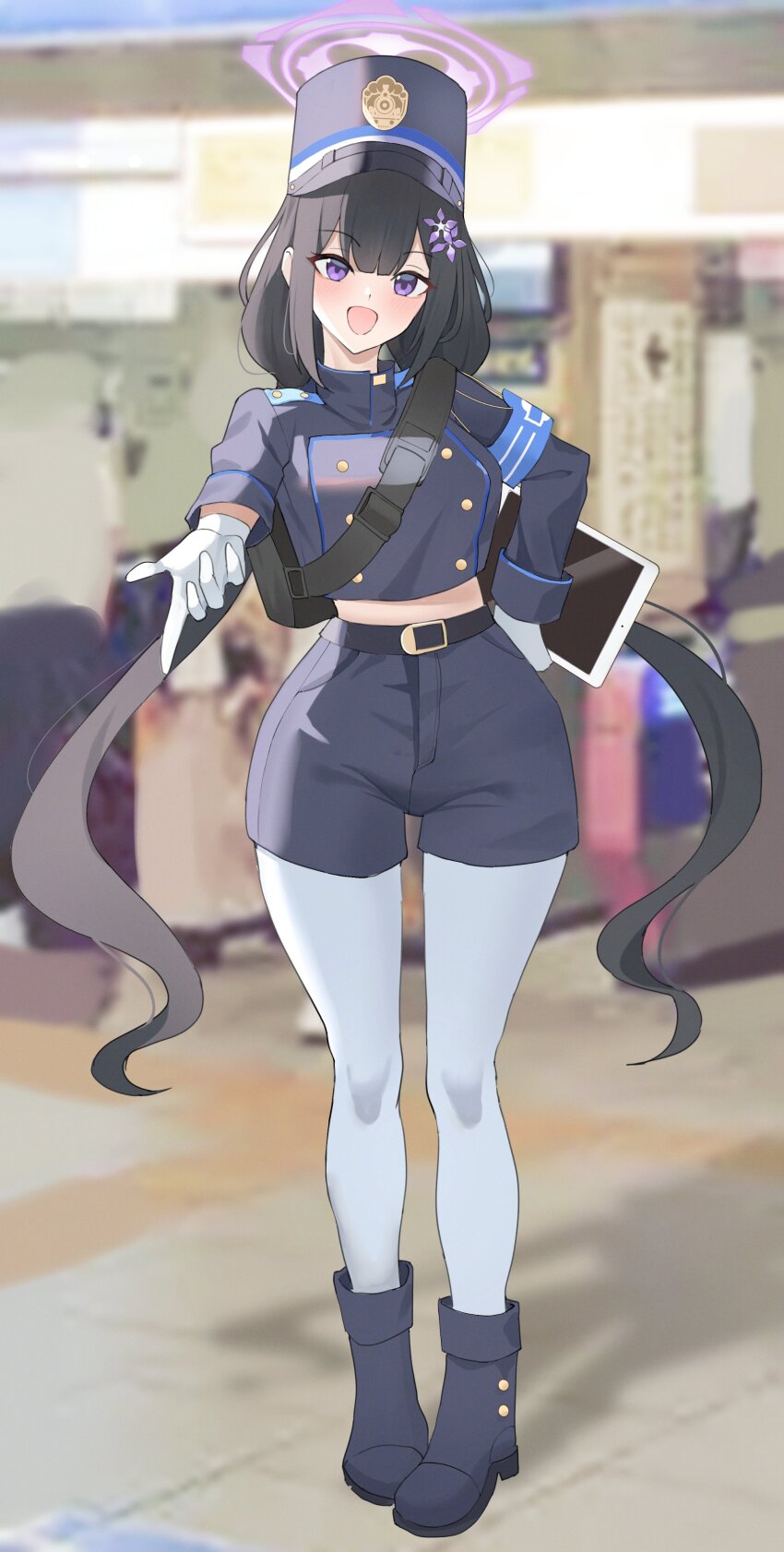 1girl absurdres armband black_hair blue_archive blue_armband breasts buttons cosplay double-breasted gloves halo hat highres holding holding_tablet_pc kurochomo long_hair low_twintails nozomi_(blue_archive) nozomi_(blue_archive)_(cosplay) outstretched_arm pantyhose photo_background pose_imitation purple_eyes shorts subway_station sumire_(blue_archive) tablet_pc train_conductor twintails very_long_hair white_gloves white_pantyhose