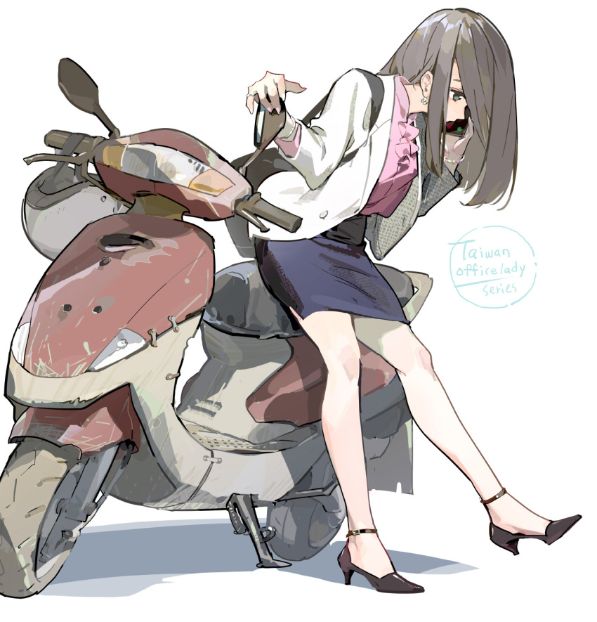 1girl backpack bag cellphone collar commentary_request earrings english_text frilled_collar frills grey_eyes high_heels highres holding holding_bag holding_phone jacket jewelry leaning_forward light_brown_hair long_hair miniskirt motor_vehicle office_lady office_lady_taiwan on_scooter open_clothes open_jacket original phone pink_shirt scooter shadow shirt simple_background skirt smartphone solo straight_hair taiwan talking_on_phone tennohi white_background