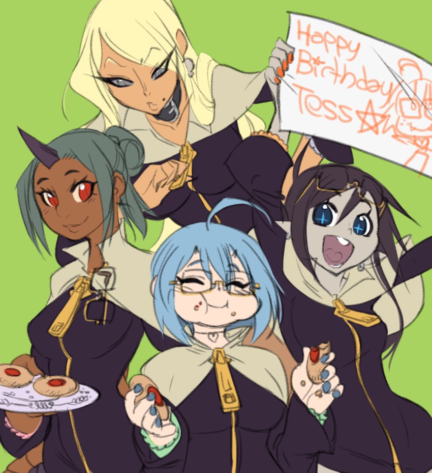 +_+ 00s 4girls ahoge ari_laharis basilisk blue_eyes blue_hair blue_nails capelet collar cookie crybringer dark_elf dark_skin dark-skinned_female demon_girl demon_mages earrings eating elf eyewear_on_head folded_ponytail food food_on_face glasses snake_hair green_hair happy happy_birthday highres horns jewelry making-of_available mole multiple_girls nail_polish pointy_ears red_eyes semi-rimless_eyewear short_hair single_horn demon_girl tara_olphoros tess_tesryon under-rim_eyewear uniform ziggy_kakziga zipper