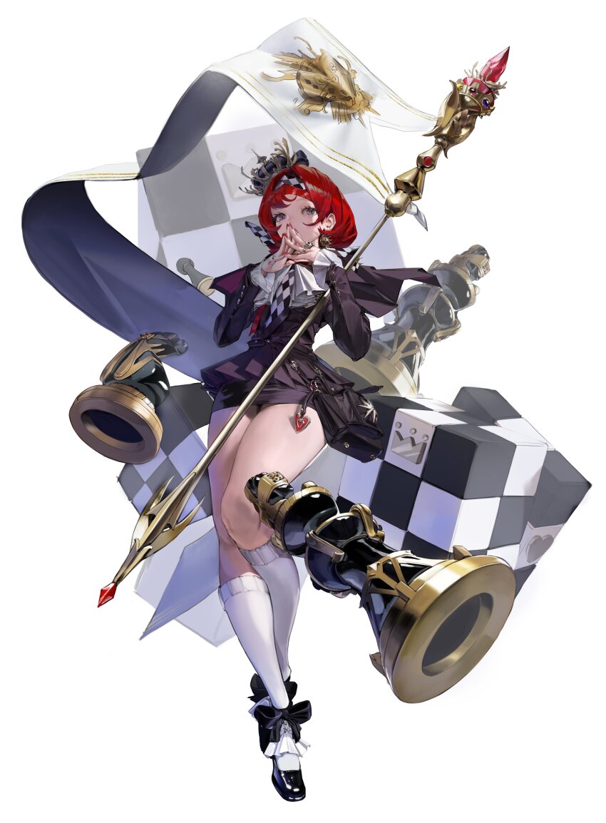 1girl absurdres bishop_(chess) black_dress board_game checkered_flag chess chess_piece choehye16159872 crown dress flag full_body highres holding jewelry king_(chess) kneehighs knight_(chess) looking_at_viewer original pawn_(chess) queen_(chess) red_hair red_nails rook_(chess) shoes short_hair socks solo transparent_background white_socks