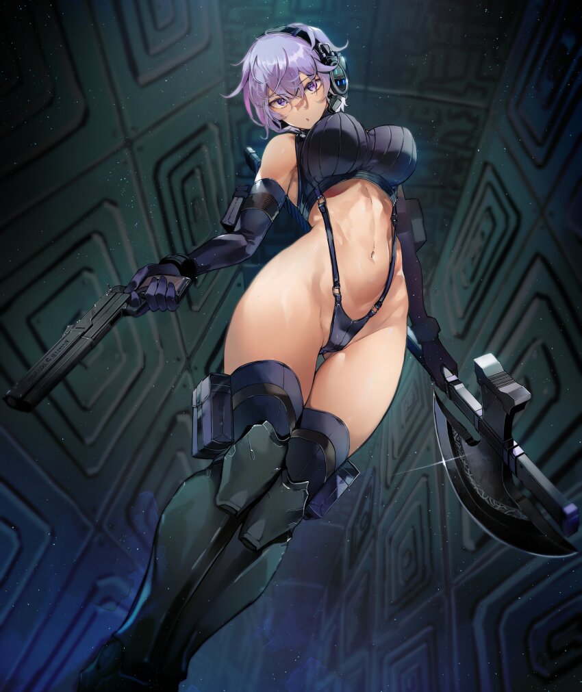 1girl absurdres asymmetrical_dual_wielding axe boots breasts dual_wielding gun halberd handgun headphones highres holding large_breasts legs looking_at_viewer martyr_(the_citadel) midriff navel nishiide_kengorou parted_lips polearm purple_eyes purple_hair revealing_clothes short_hair solo suspenders the_citadel thighs thong tomboy toned weapon wide_hips