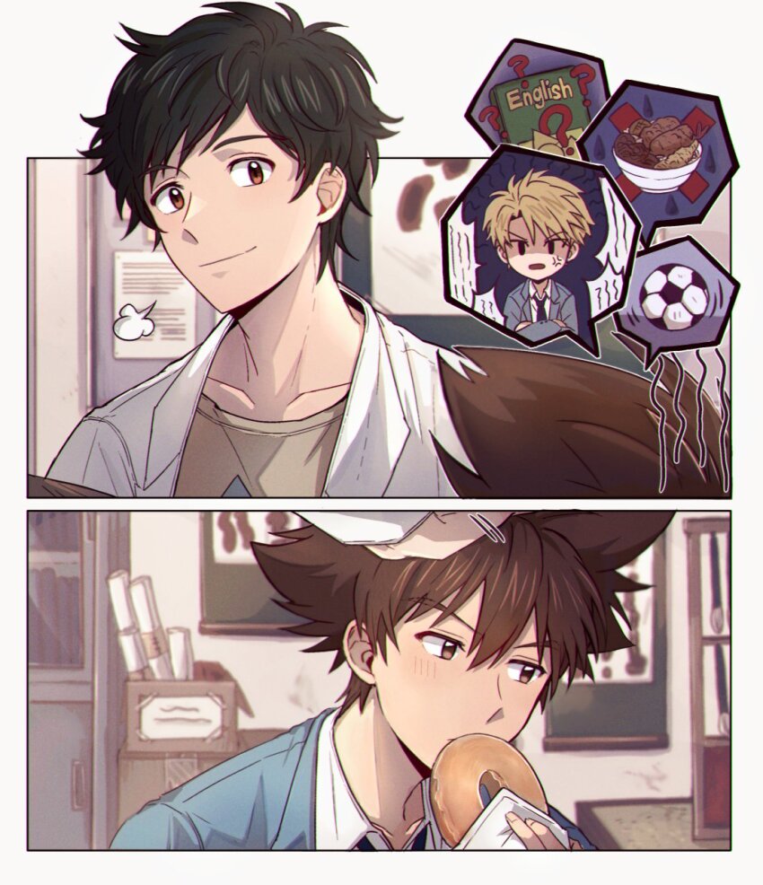 3boys ball blush digimon digimon_adventure_tri. donut eating food highres ishida_yamato multiple_boys nishijima_daigo short_hair soccer_ball yagami_taichi