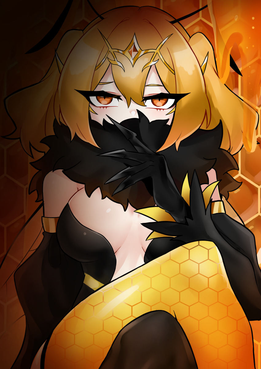 1girl absurdres antennae arthropod_girl bee_girl black_legwear blonde_hair breasts center_opening covered_mouth crossed_legs detached_sleeves fur_collar hair_between_eyes hexagon highres honey honeycomb_pattern insect_girl insect_wings kim_nyangpeon looking_at_viewer monster_girl orange_background orange_eyes original sitting solo tiara wide_sleeves wings yellow_legwear