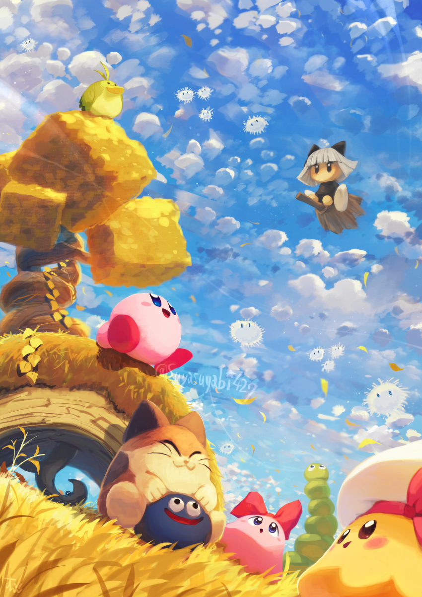absurdres animal_ears autumn autumn_leaves blue_sky blush_stickers broom broom_riding cat_ears chuchu_(kirby) cloud falling_leaves gooey_(kirby) highres keke_(kirby) kirby kirby&#039;s_dream_land_3 kirby_(series) leaf looking_up nago_(kirby) nintendo nyupun_(kirby) pasara_(kirby) pitch_(kirby) popon_(kirby) sky smile suyasuyabi white_hair wind