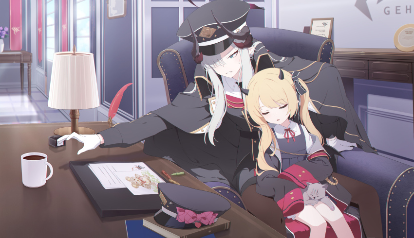 2girls absurdres black_hat blonde_hair blue_archive cat chinese_commentary coffee_mug commentary_request cup demon_wings gloves grey_hair hair_over_one_eye hat highres horns ibuki_(blue_archive) indoors lamp long_hair makoto_(blue_archive) mug multiple_girls multiple_horns neck_ribbon parted_lips peaked_cap red_ribbon ribbon sleeping sleeping_upright soeyumi sweat white_gloves wings
