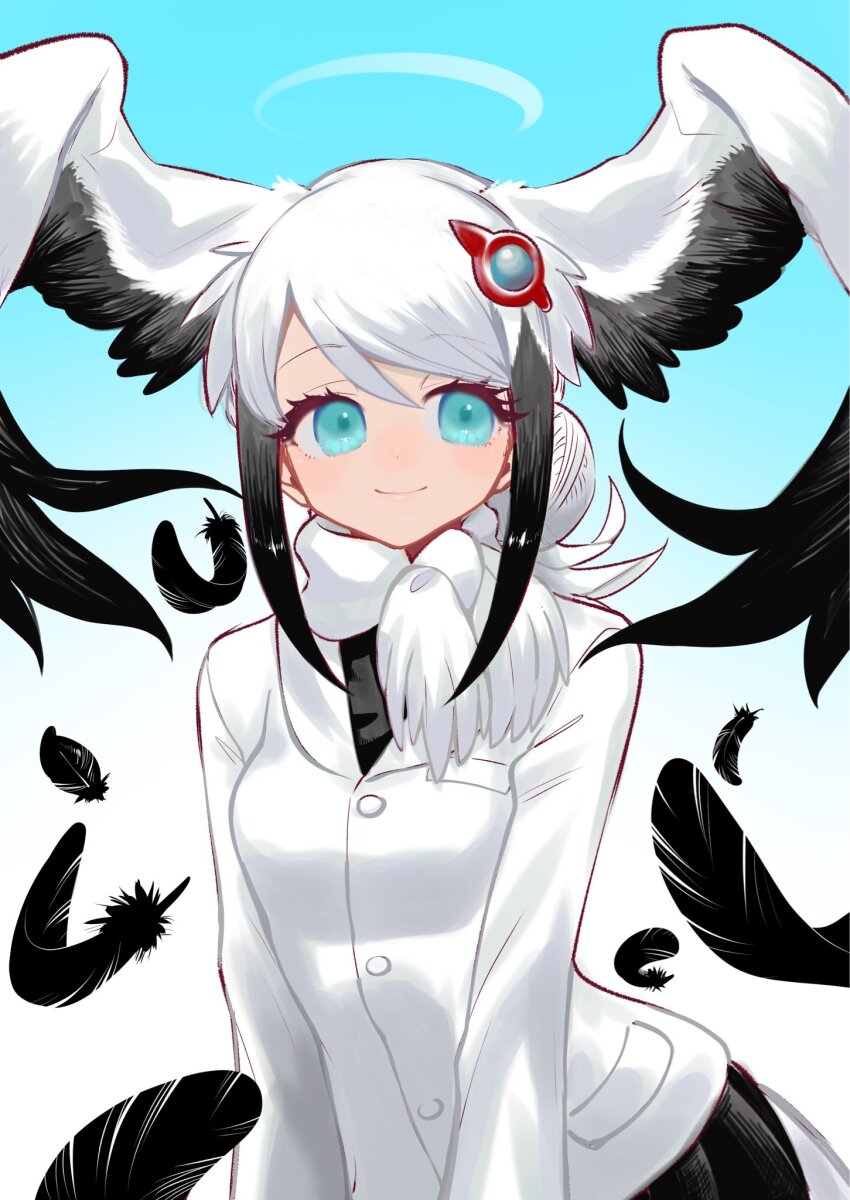 1girl bird_girl bird_tail bird_wings black_hair blazer blue_background blue_eyes feathered_wings hair_ornament head_wings highres jacket kemono_friends long_hair looking_at_viewer multicolored_hair notora oriental_stork_(kemono_friends) scarf shirt simple_background skirt solo tail two-tone_hair white_hair wings