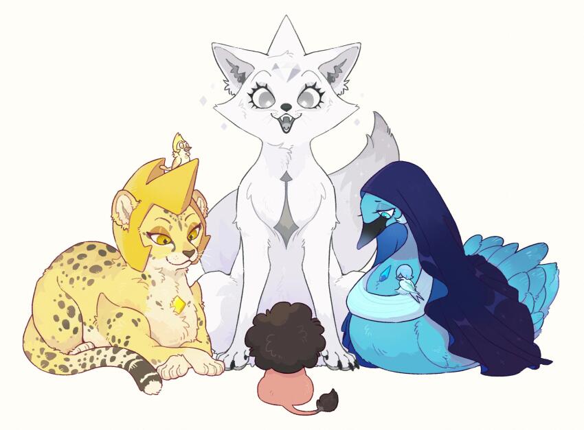 :d animal animal_focus animalization bird blue_diamond_(steven_universe) blue_eyes blue_fur blue_pearl_(steven_universe) fangs fox grey_eyes highres hua_hua_de_meme leopard lion looking_at_another open_mouth red_fur sitting smile steven_quartz_universe steven_universe swan white_diamond_(steven_universe) white_fur yellow_diamond_(steven_universe) yellow_eyes yellow_fur yellow_pearl_(steven_universe)