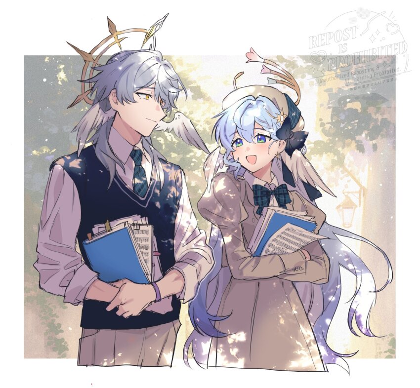 1boy 1girl :d beret blue_cardigan blue_hair book bow bowtie brother_and_sister brown_dress brown_hat cardigan collared_shirt cowboy_shot dress green_bow green_bowtie green_eyes green_necktie grey_hair hair_between_eyes halo hat head_wings highres holding holding_book honkai:_star_rail honkai_(series) looking_at_another necktie official_alternate_costume open_mouth outdoors robin_(brilliant_youth)_(honkai:_star_rail) robin_(honkai:_star_rail) sheet_music shirt short_hair siblings smile sunday_(brilliant_youth)_(honkai:_star_rail) sunday_(honkai:_star_rail) wani_(mezo) white_shirt white_wings wings yellow_eyes