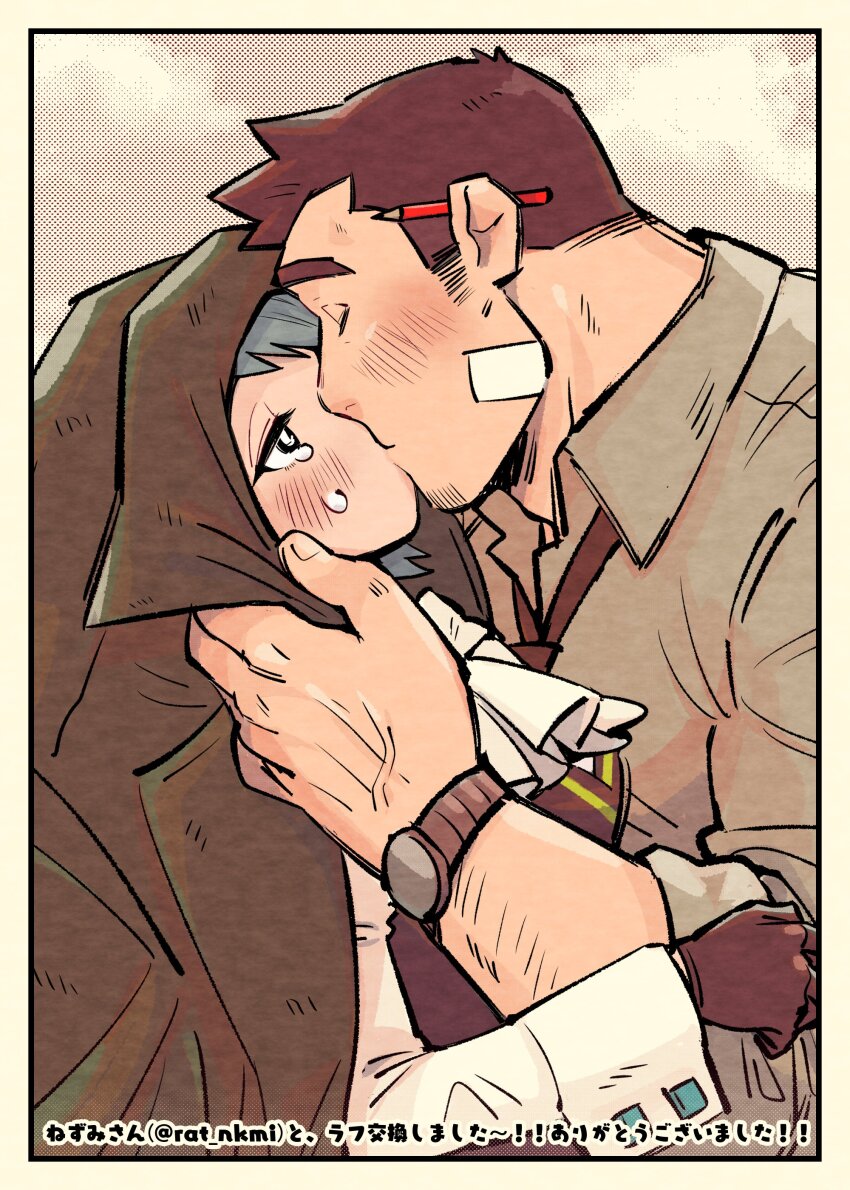 1boy 1girl absurdres ace_attorney arm_hair ascot blush border brown_gloves brown_hair coat_on_head collared_shirt dick_gumshoe franziska_von_karma gloves grey_hair grey_shirt hetero highres kiss necktie pencil_behind_ear sad shirt short_hair sideburns tears upper_body veins veiny_hands watch white_ascot white_border wristwatch yowasabimechaoc
