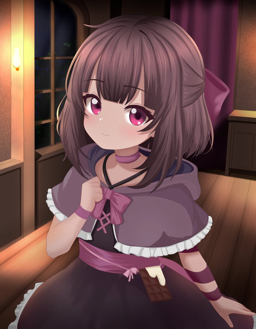 1girl absurdres arm_ribbon bow breasts child chocolate choker detached_sleeves dress fallenshadow furfik hair_between_eyes highres indie_virtual_youtuber indoors looking_at_viewer night night_sky purple_choker purple_dress purple_eyes purple_hair purple_ribbon ribbon short_dress short_hair short_sleeves sidelocks signature sky small_breasts solo_focus virtual_youtuber window