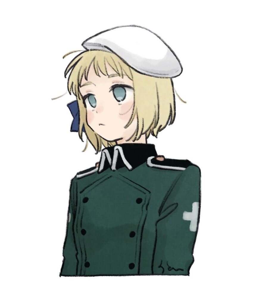 1girl aqua_eyes axis_powers_hetalia beret blonde_hair blue_bow blush_stickers bow buttons closed_mouth collared_jacket commentary_request cross cross_print empty_eyes green_jacket hair_bow hat highres jacket liechtenstein_(hetalia) long_sleeves looking_to_the_side mi_aph_to military military_hat military_jacket military_uniform short_hair simple_background solo upper_body white_background white_hat