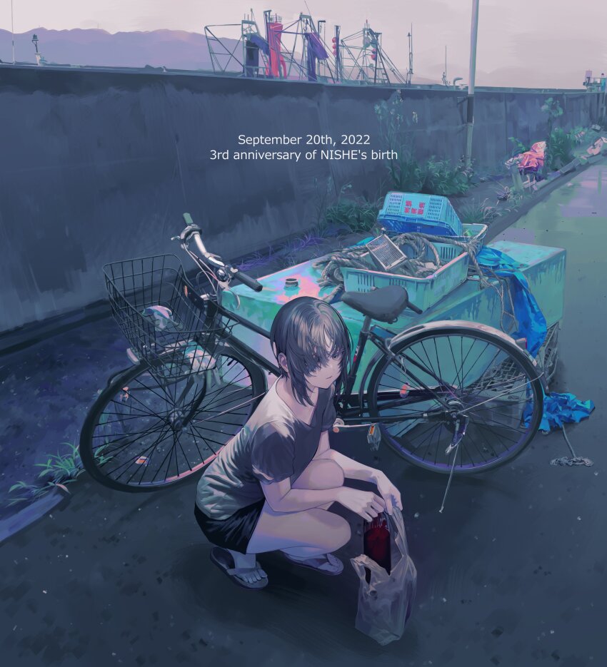 1girl 2022 absurdres ambiguous_red_liquid bag basket bicycle bicycle_basket bottle dated english_text flip-flops from_above grey_eyes grey_hair grey_sky hair_over_one_eye highres holding holding_bottle indie_virtual_youtuber kanaut_nishe looking_to_the_side outdoors parted_lips plastic_bag road rope sandals shirt short_hair short_sleeves shorts sidelocks sky solo squatting t-shirt ukai_saki virtual_youtuber