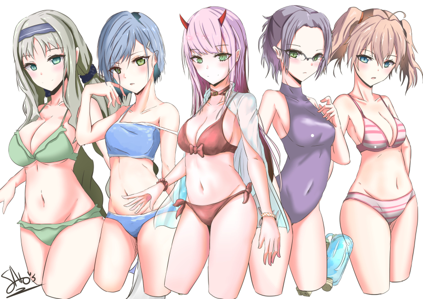 5girls absurdres bikini bikini_skirt blue_eyes blush breasts choker content_rating covered_navel cropped_legs darling_in_the_franxx glasses green_eyes green_hair groin highres horns ichigo_(darling_in_the_franxx) ikuno_(darling_in_the_franxx) kokoro_(darling_in_the_franxx) large_breasts long_hair medium_breasts miku_(darling_in_the_franxx) multiple_girls navel off_shoulder one-piece_swimsuit over-rim_eyewear purple_hair sato_art semi-rimless_eyewear short_twintails side-tie_bikini_bottom small_breasts smile strap_gap striped_bikini striped_clothes swimsuit thighs twintails underboob white_background zero_two_(darling_in_the_franxx)