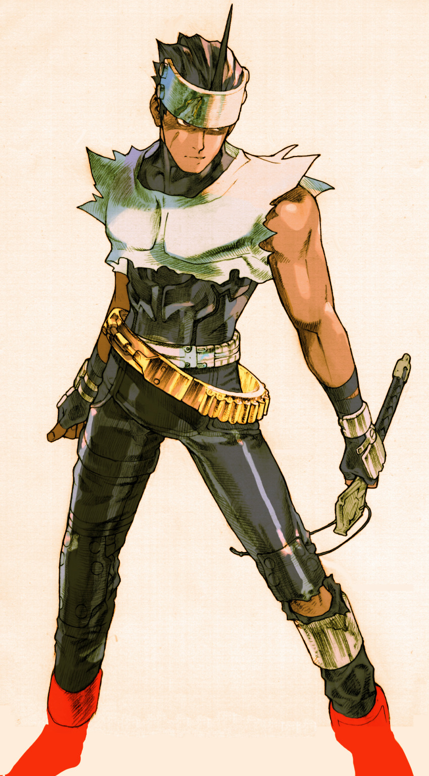 1boy absurdres belt bengus black_bodysuit black_hair bodysuit boots game_cg gloves grey_headband headband highres kanzaki_hayato looking_to_the_side marvel_vs._capcom marvel_vs._capcom_2 mega_man_(series) non-web_source official_art plasma_sword red_boots retro_artstyle simple_background solo star_gladiator torn_clothes utility_belt