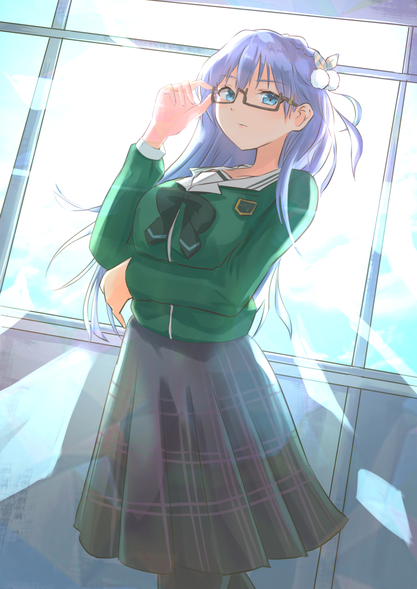 1girl 22/7 absurdres adjusting_eyewear black_bow black_bowtie black_skirt blue_eyes blue_hair bow bowtie breasts brown-framed_eyewear cycloneactionx day flower glasses green_shirt hair_flower hair_ornament hand_up highres indoors long_hair long_sleeves looking_at_viewer maruyama_akane medium_breasts plaid_clothes plaid_skirt pleated_skirt ribbon rokubanchou_school_uniform sailor_collar school_emblem school_uniform semi-rimless_eyewear serafuku shirt skirt solo standing under-rim_eyewear white_sailor_collar window winter_uniform