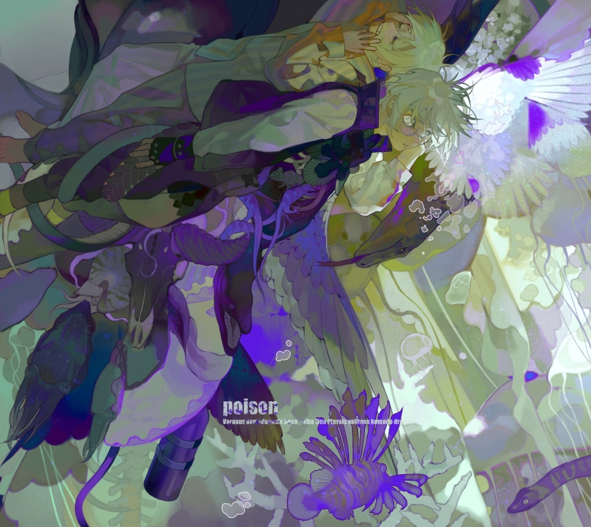 2boys closed_eyes glasses grey_hair highres long_sleeves looking_at_viewer multiple_boys nautilus_(animal) original short_hair snake white_eyes xiaoquandianer