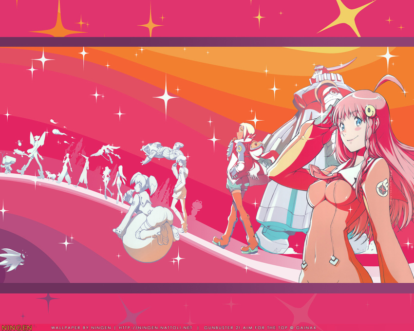 +_+ 00s 6+girls blush_stickers chiko cross-shaped_pupils dark-skinned_female dark_skin everyone lal&#039;c_mellk_mal long_hair mecha multiple_girls nichola_vacheron nono_(top_wo_nerae_2!) pink_hair robot romper salute short_hair silhouette smile sparkle symbol-shaped_pupils thighhighs top_wo_nerae!_(series) top_wo_nerae_2! twintails tycho_science white_hair