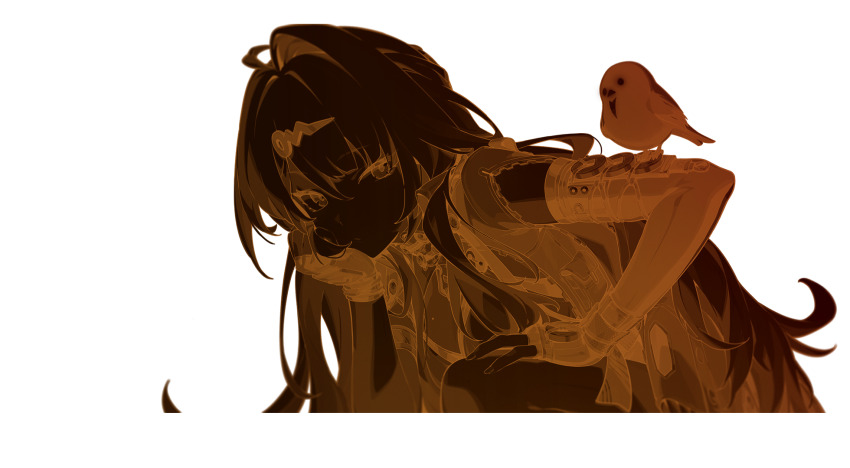 1girl ahoge animal animal_on_arm bird black_background chinese_clothes closed_mouth fingerless_gloves gloves hair_between_eyes hair_intakes hair_ornament hand_on_own_cheek hand_on_own_face hand_on_own_knee head_rest highres jewelry long_hair looking_at_viewer mindscape_cinema_(zenless_zone_zero) monochrome official_art simple_background solo yixuan_(zenless_zone_zero) zenless_zone_zero
