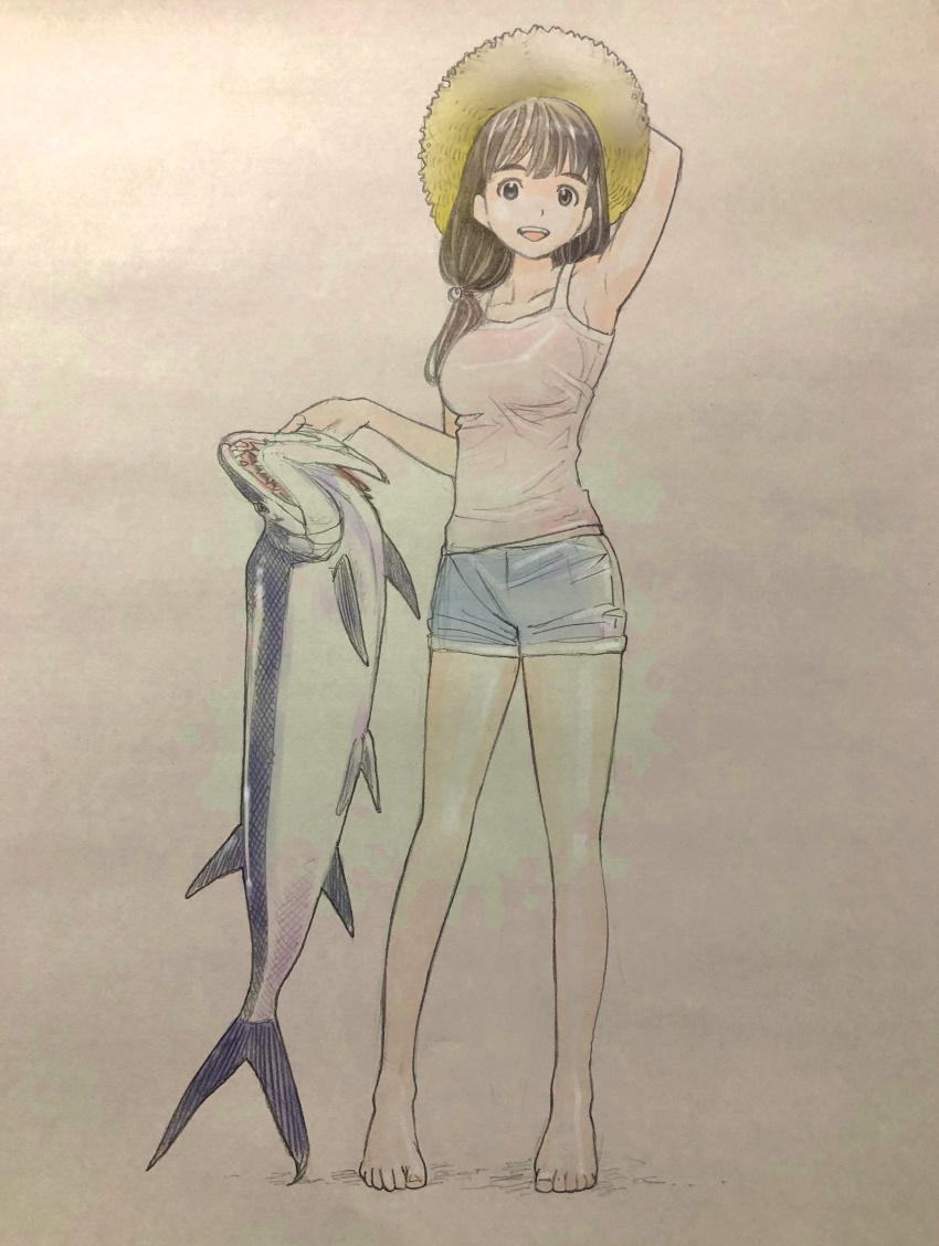1girl absurdres animal arm_behind_head arm_up armpits bare_legs barefoot commentary_request fish full_body hat highres holding holding_animal holding_fish kimi_wa_sukinosaurus looking_at_viewer low_twintails open_mouth sekiguchi_taro shiraishi_momiji short_shorts shorts smile standing sun_hat tank_top traditional_media twintails xiphactinus