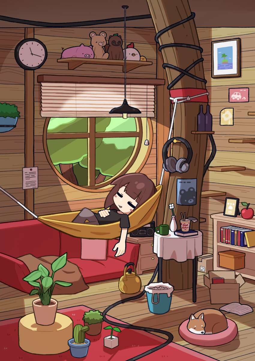 1girl absurdres analog_clock apple black_shirt blush_stickers book bookshelf boombox box brown_hair cactus cardboard_box cheribon chopsticks clock couch cup instant_cup_noodles dog flower food fruit glass_bottle hammock headphones highres indoors instant_noodles kettle mug original plant potted_plant rug shelf shirt sleeping sleeping_animal solo stuffed_animal stuffed_chicken stuffed_pig stuffed_tanuki stuffed_toy table teddy_bear trash_can treehouse unworn_headphones vase window