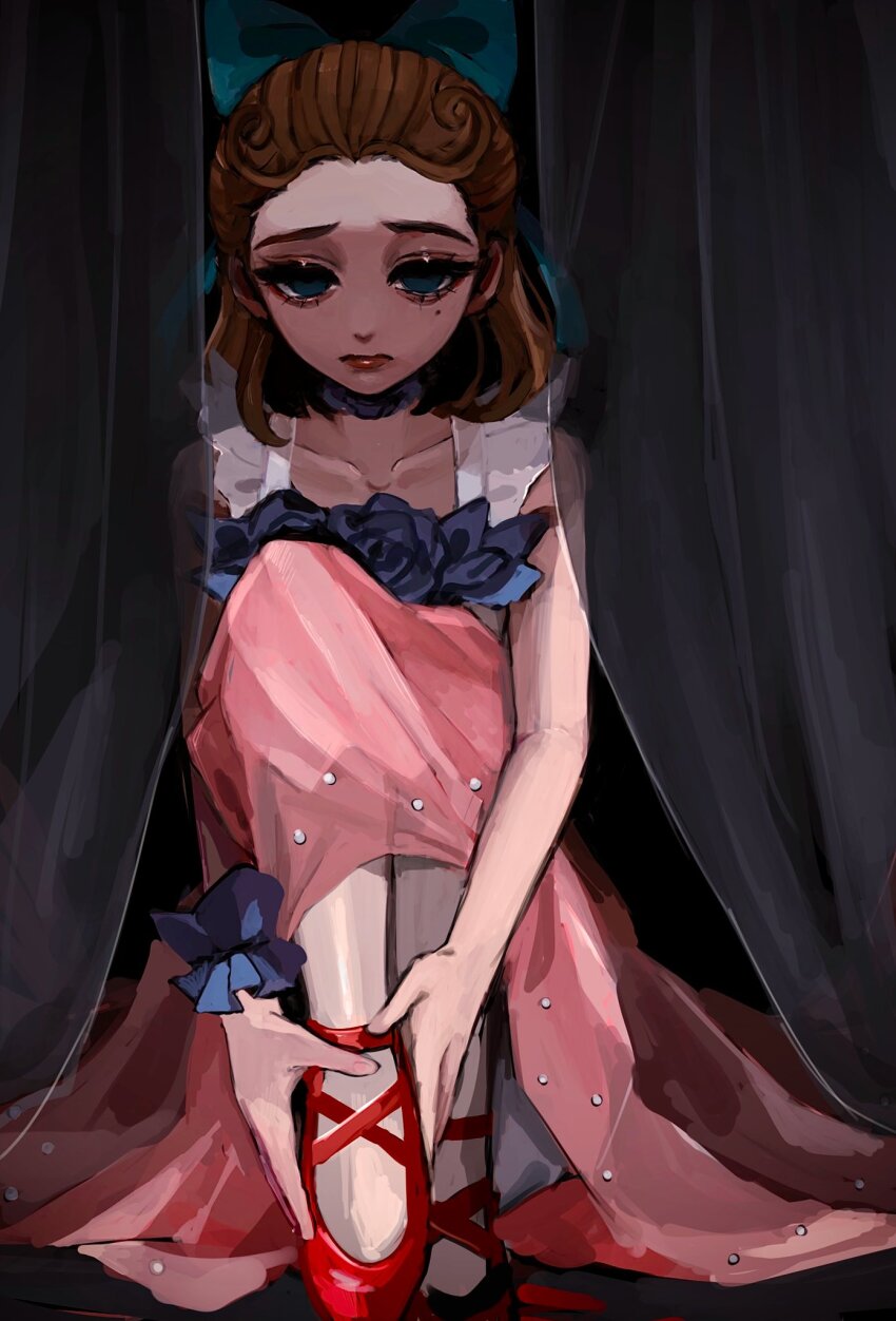1girl ankle_ribbon black_background blue_bow blue_eyes blue_flower blue_rose bow brown_hair closed_mouth curtains dress dress_flower empty_eyes flower full_body hair_bow hair_slicked_back hands_on_feet highres hoge_(n8sss) identity_v knees_up leg_ribbon lips looking_at_viewer medium_hair mole mole_under_eye official_alternate_costume on_floor pink_dress red_shoes ribbon rose shoes single_wrist_cuff sitting sleeveless sleeveless_dress solo vera_nair vera_nair_(red_shoes) wrist_cuffs