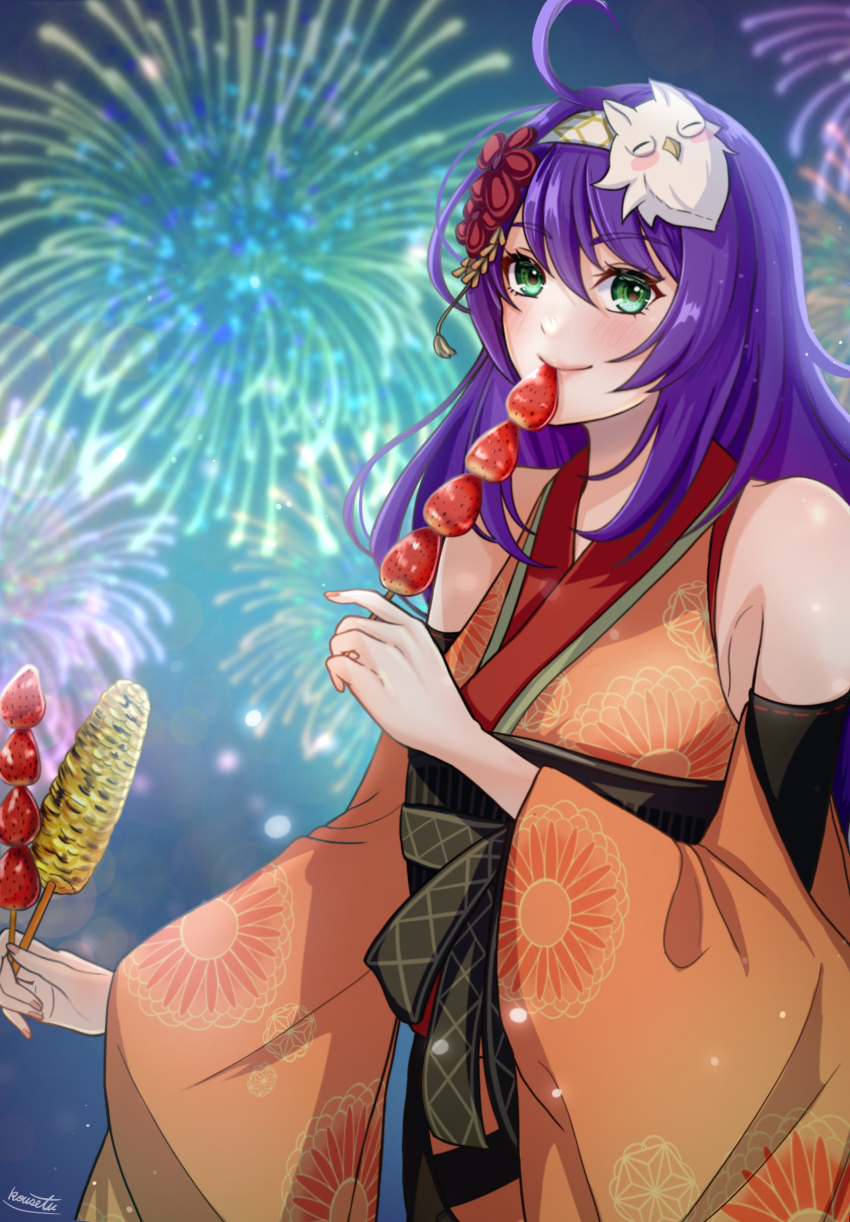 1girl absurdres aerial_fireworks ahoge bare_shoulders character_mask corn feh_(fire_emblem_heroes) fire_emblem fire_emblem:_path_of_radiance fire_emblem_heroes firework_background fireworks food food_in_mouth fruit green_eyes hair_between_eyes highres holding holding_skewer japanese_clothes kimono kousetu0506 long_hair long_sleeves looking_at_viewer mask mask_on_head mia_(fire_emblem) mia_(yukata)_(fire_emblem) nintendo orange_kimono purple_hair signature skewer solo strawberry wide_sleeves yukata