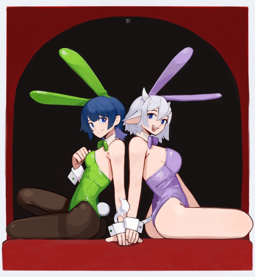 2girls animal_ear_hairband animal_ears back-to-back blue_eyes blue_hair bow bowtie breasts closed_mouth collar cuffs detached_collar fake_animal_ears goat_ears goat_horns goat_tail hairband highres horns kartp leotard looking_at_viewer medium_breasts multiple_girls open_mouth original pantyhose playboy_bunny rabbit_ear_hairband rabbit_ears rabbit_tail simple_background sitting small_breasts tail white_collar white_hair white_tail white_wrist_cuffs wrist_cuffs