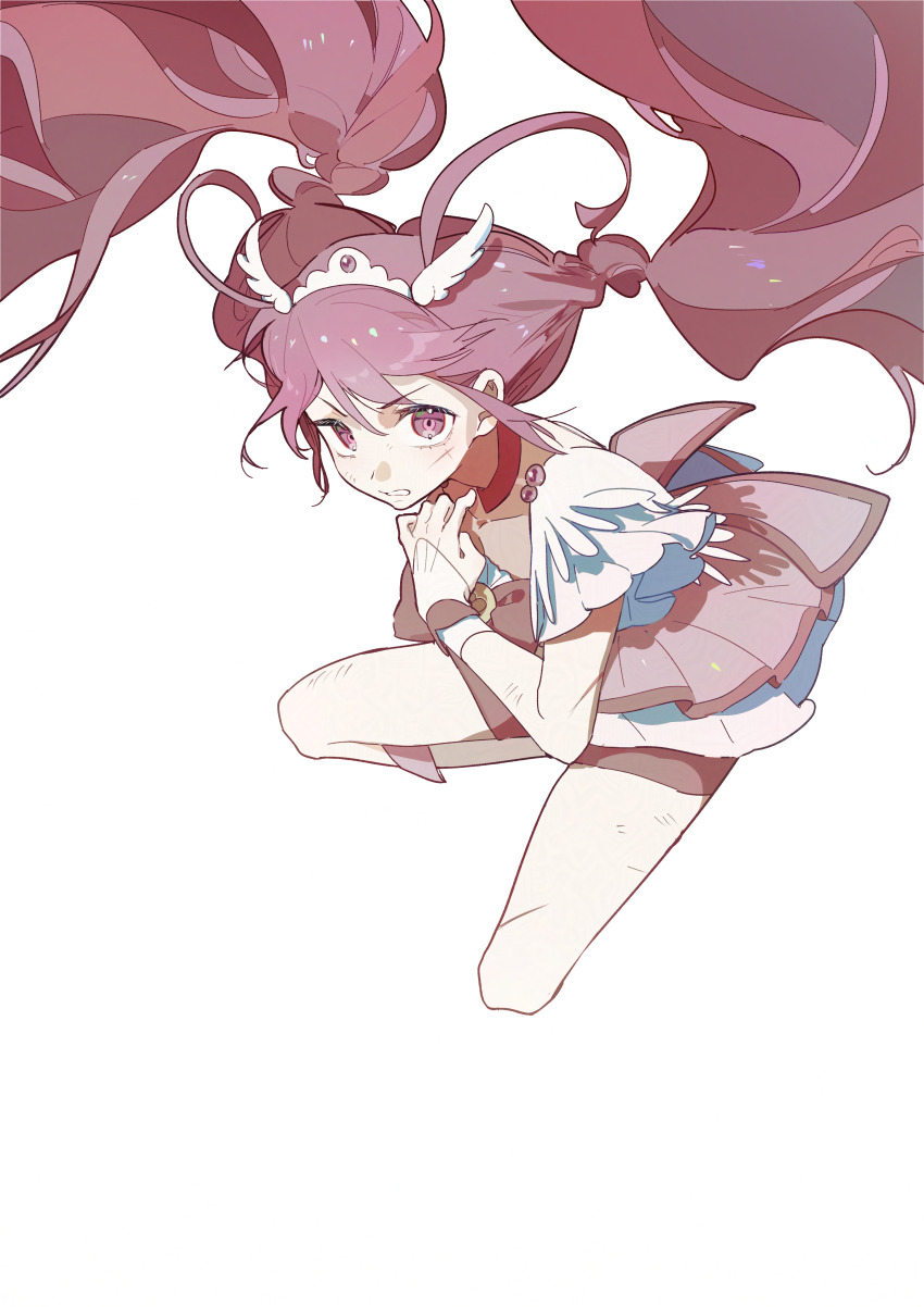 1girl absurdres boots bow bowtie braid brooch choker clenched_teeth coattails collarbone commentary_request cure_happy determined dot_nose dress feather-trimmed_sleeves floating_hair frilled_dress frills full_body hair_between_eyes hair_floating_upwards hair_ornament hand_on_own_chest highres hoshizora_miyuki injury jewelry knee_boots kneeling leaning_forward long_hair looking_at_viewer low_twin_braids low_twintails magical_girl morgue_(southsakura) pink_bow pink_bowtie pink_dress pink_eyes pink_hair pink_shorts precure red_choker short_dress short_sleeves shorts shorts_under_dress simple_background smile_precure! solo teeth tiara twin_braids twintails v-shaped_eyebrows very_long_hair white_background white_boots white_sleeves white_wrist_cuffs wing_hair_ornament wrist_cuffs