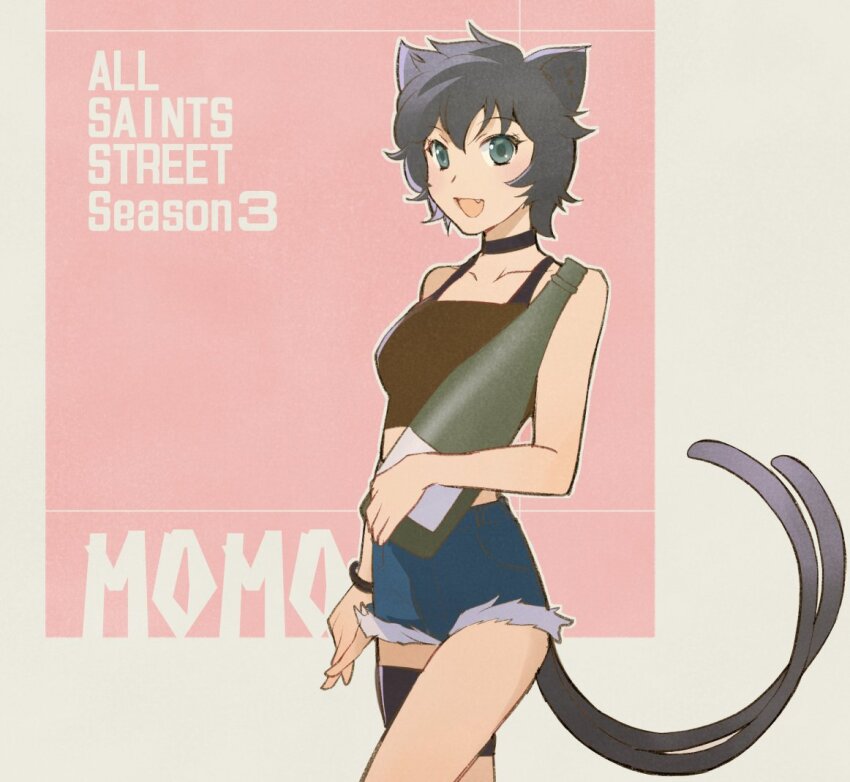 1girl all_saints_street animal_ears black_camisole black_choker black_hair blue_shorts bottle bracelet camisole cat_ears cat_girl character_name choker cowboy_shot fang grey_eyes holding holding_bottle jewelry kusano_gurima looking_at_viewer midriff momo_(all_saints_street) multiple_tails open_mouth short_hair shorts smile solo tail
