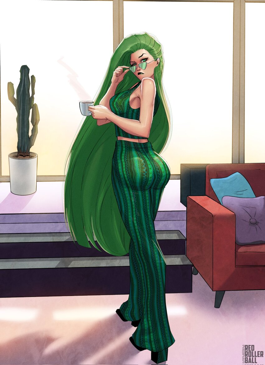 1girl adjusting_eyewear alternate_costume armchair artist_name ass ass_focus bell-bottoms breasts cactus chair crop_top cup forbidden_pants full_body green-tinted_eyewear green_eyes green_hair green_pants green_tank_top high_heels highres indoors long_hair looking_at_viewer looking_back looking_over_eyewear marvel medium_breasts meme_attire mug pants polaris_(x-men) print_pants print_tank_top raised_eyebrow redrollerball12 solo standing sunglasses tank_top tinted_eyewear x-men