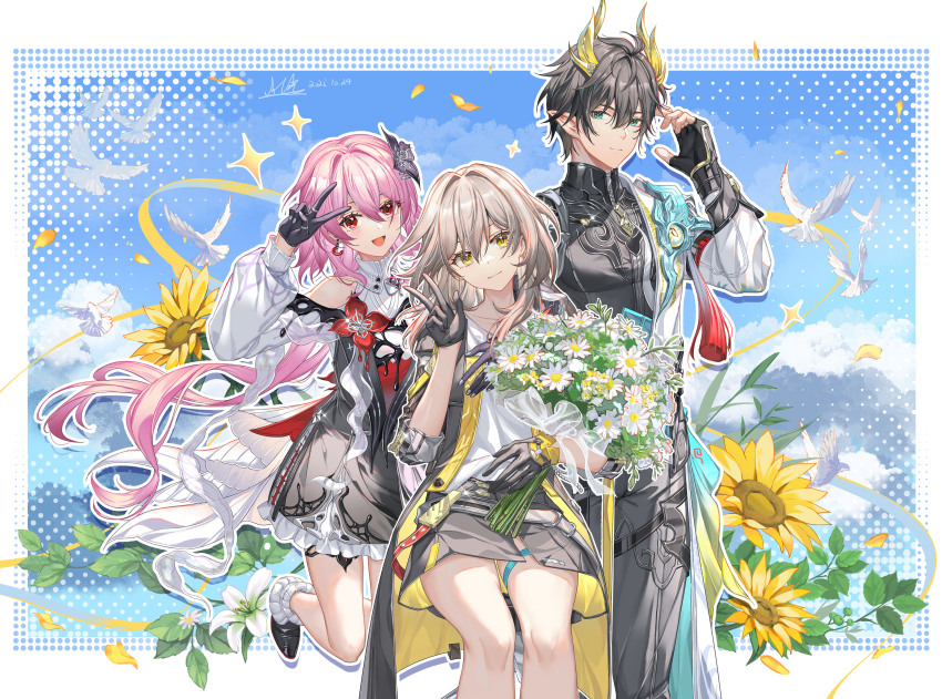 1boy 2girls absurdres al_guang bare_shoulders black_coat black_gloves black_skirt bouquet closed_mouth coat dan_heng_(honkai:_star_rail) dan_heng_(permansor_terrae)_(honkai:_star_rail) evernight_(honkai:_star_rail) flower gloves grey_hair hair_between_eyes highres holding holding_bouquet honkai:_star_rail honkai_(series) long_hair long_sleeves looking_at_viewer march_7th_(honkai:_star_rail) multiple_girls official_alternate_costume official_alternate_eye_color official_alternate_hair_length official_alternate_hairstyle open_mouth pink_hair red_eyes shirt sitting skirt smile standing stelle_(honkai:_star_rail) trailblazer_(honkai:_star_rail) v white_shirt yellow_eyes