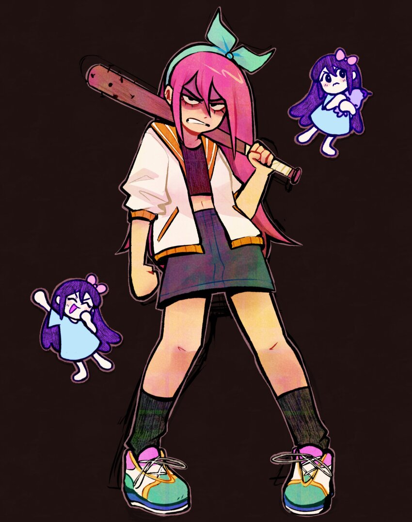 2girls absurdres aubrey_(faraway)_(omori) aubrey_(headspace)_(omori) aubrey_(omori) baseball_bat black_skirt black_socks brown_background clenched_teeth crop_top darmicy denim denim_skirt full_body hairband highres holding holding_baseball_bat jacket long_hair multiple_girls nail nail_(hardware) nail_bat navel omori parted_lips pink_hair purple_eyes purple_hair shoes short_sleeves simple_background skirt sneakers socks teeth white_jacket
