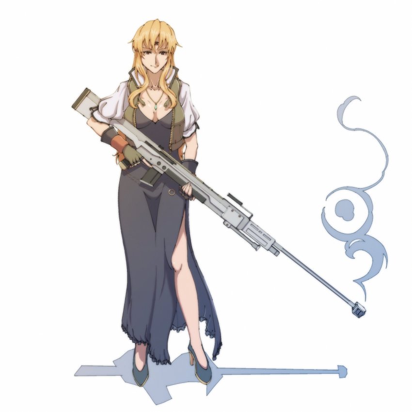 1girl blonde_hair breasts closed_mouth dress fingerless_gloves full_body gloves gun high_heels highres jewelry kaien_advance long_hair looking_at_viewer necklace opera_vectra simple_background solo star_ocean star_ocean_ex star_ocean_the_second_story third_eye weapon white_background yellow_eyes