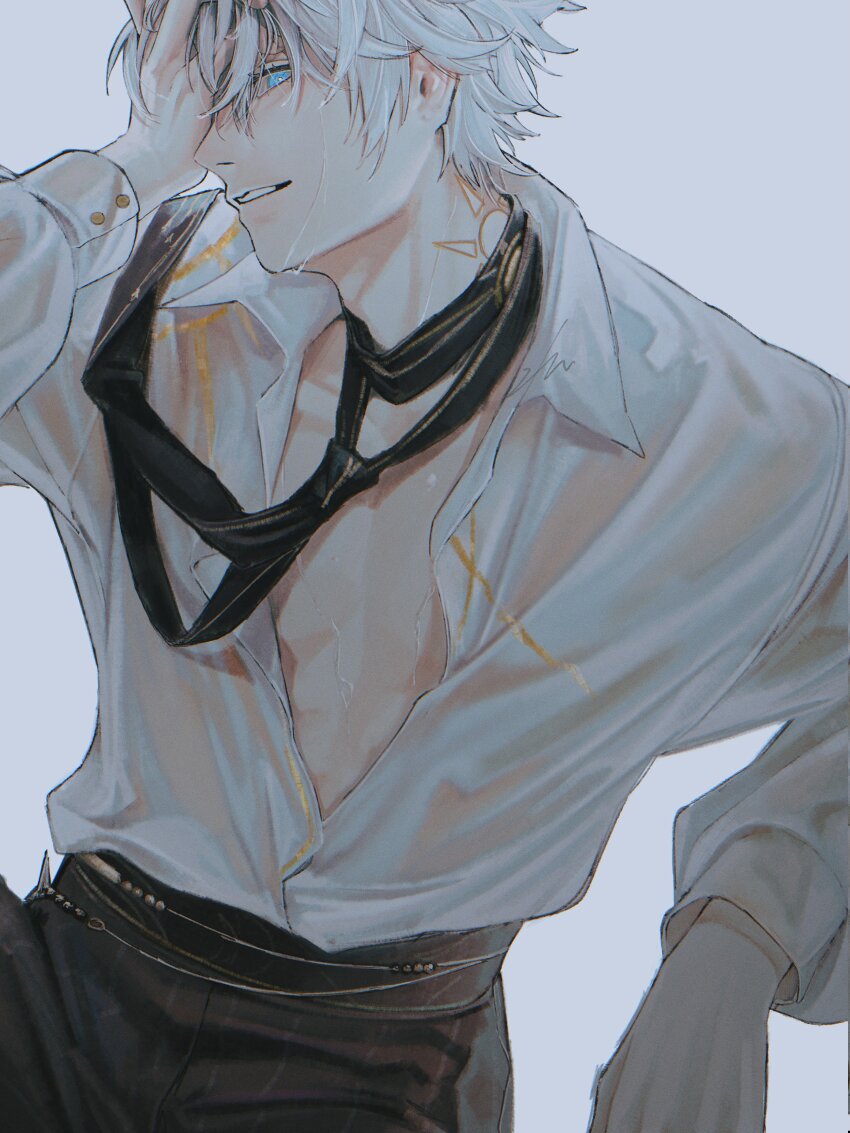 1boy absurdres black_necktie black_pants blue_eyes collared_shirt hand_on_own_face hashtag-only_commentary highres honkai:_star_rail honkai_(series) ieririr long_sleeves looking_at_viewer male_focus neck_tattoo necktie pants partially_unbuttoned pectoral_cleavage pectorals phainon_(anan)_(honkai:_star_rail) phainon_(honkai:_star_rail) profile see-through_clothes see-through_shirt shirt short_hair simple_background solo sun_symbol sun_tattoo tan tattoo wet wet_clothes wet_hair wet_shirt white_background white_hair white_shirt