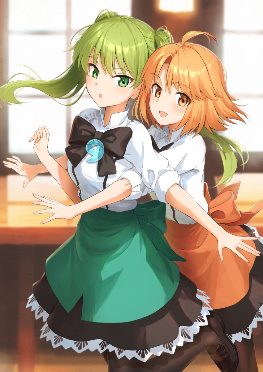 2girls ahnenerbe_shop_uniform ahoge apron bow breasts fate/grand_order fate_(series) green_apron green_eyes green_hair hibino_hibiki highres kamo_ashi katsuragi_chikagi long_hair looking_at_viewer magatama mahou_tsukai_no_hako medium_breasts multiple_girls open_mouth orange_apron orange_eyes orange_hair pantyhose shirt short_hair skirt smile twintails waist_apron waiter waitress white_shirt yellow_eyes