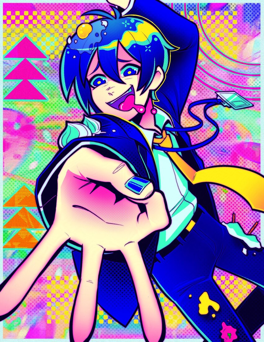1boy belt belt_buckle black_belt blue_eyes blue_hair blue_nails blue_suit buckle dress_shirt drooling eerieelixir egg_yolk electric_weekend_zone_(vocaloid) food food_on_clothes food_on_head formal_clothes hair_between_eyes highres kaito_(vocaloid) lanyard looking_at_viewer male_focus middle_w mouth_drool necktie object_on_head open_mouth shirt short_hair smile solo suit teeth upper_teeth_only vocaloid w white_shirt yellow_necktie yellow_pupils