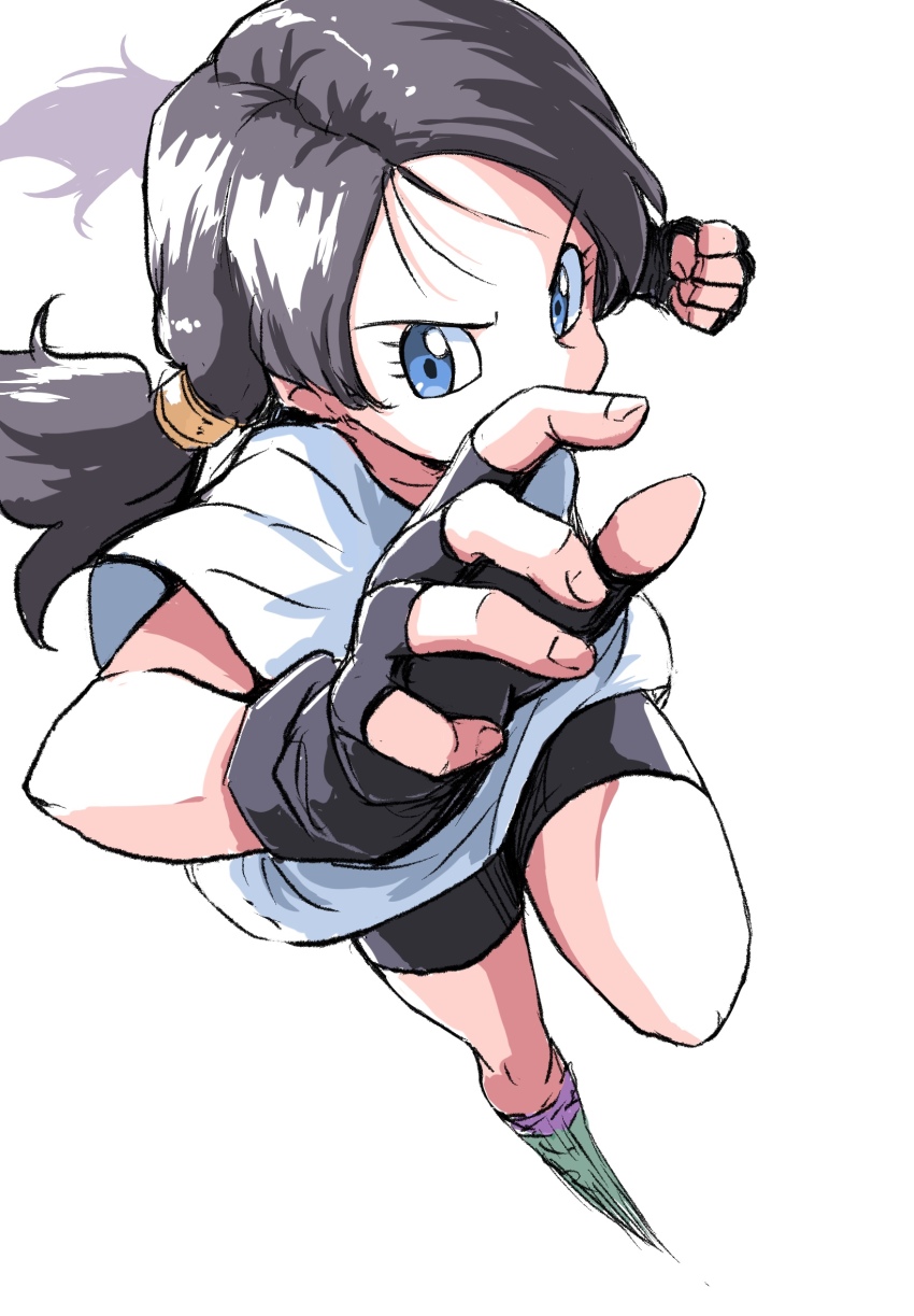 1girl bike_shorts black_gloves black_hair blue_eyes dragon_ball dragonball_z fingerless_gloves gloves highres ikaringo_(ikaringo4444) perspective shirt solo twintails videl white_shirt