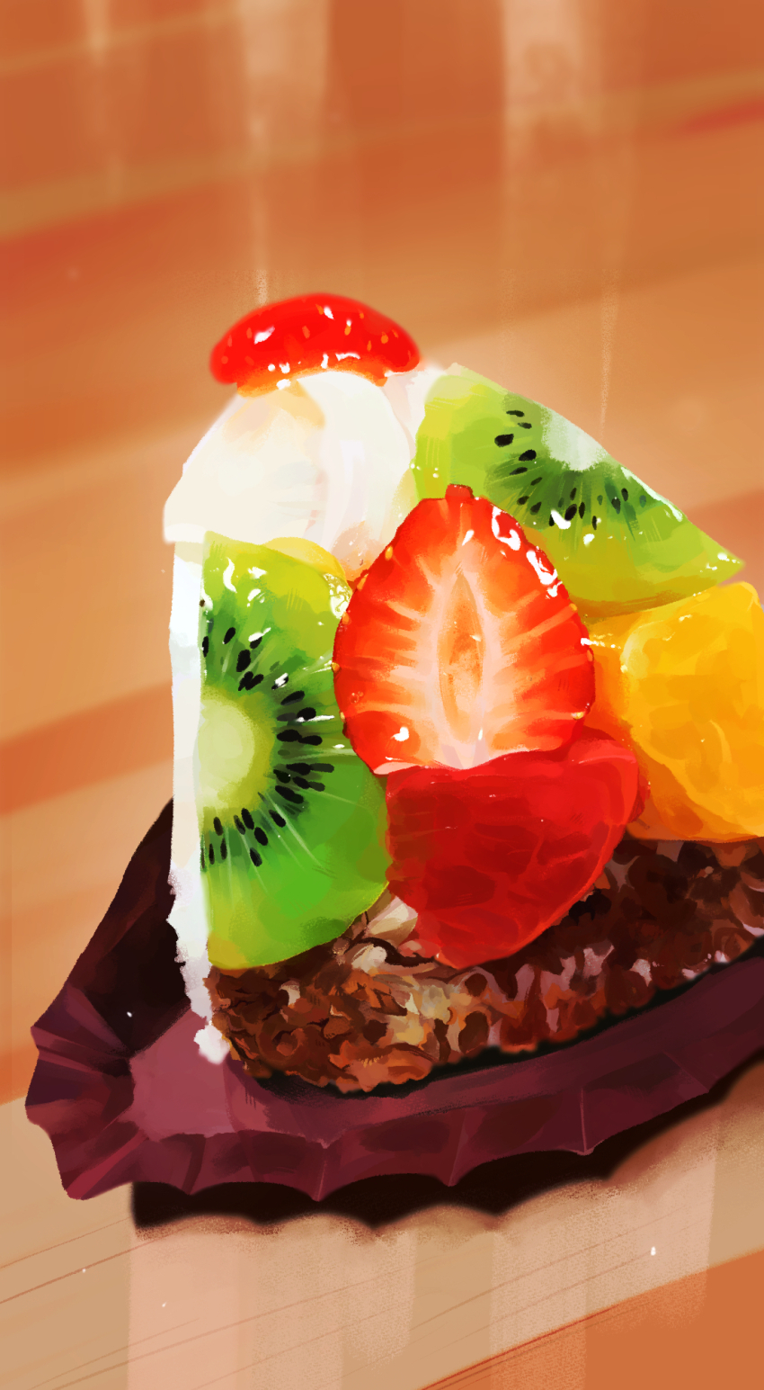 cake commentary_request food food_focus fruit highres kiwi_(fruit) orange_(fruit) orange_slice original strawberry table yuulemon56